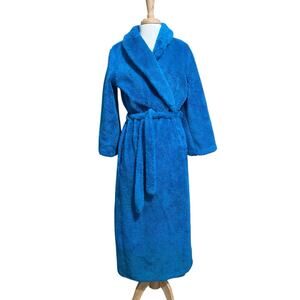 Vintage Borg Plush Robe Teal Blue Shawl Collar Belted 70s USA Made Medium